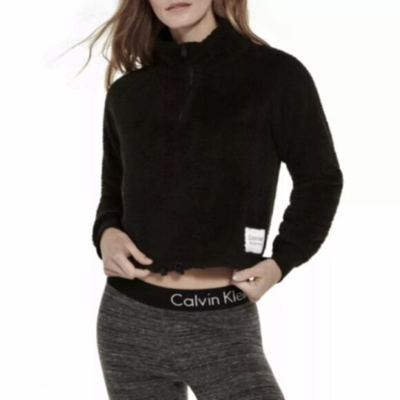 Calvin Klein Performance, Black Cropped Sherpa Fleece 1/4 Zip, Women’s X-Large - Picture 6 of 12